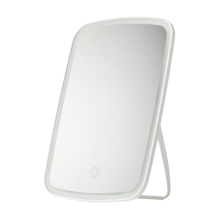Portable folding LED makeup mirror with white frame and stand, front view