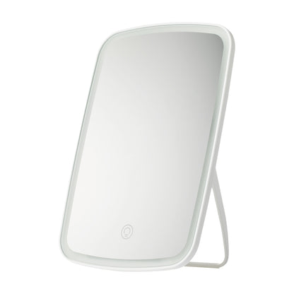 Portable folding LED makeup mirror with white frame and stand, front view