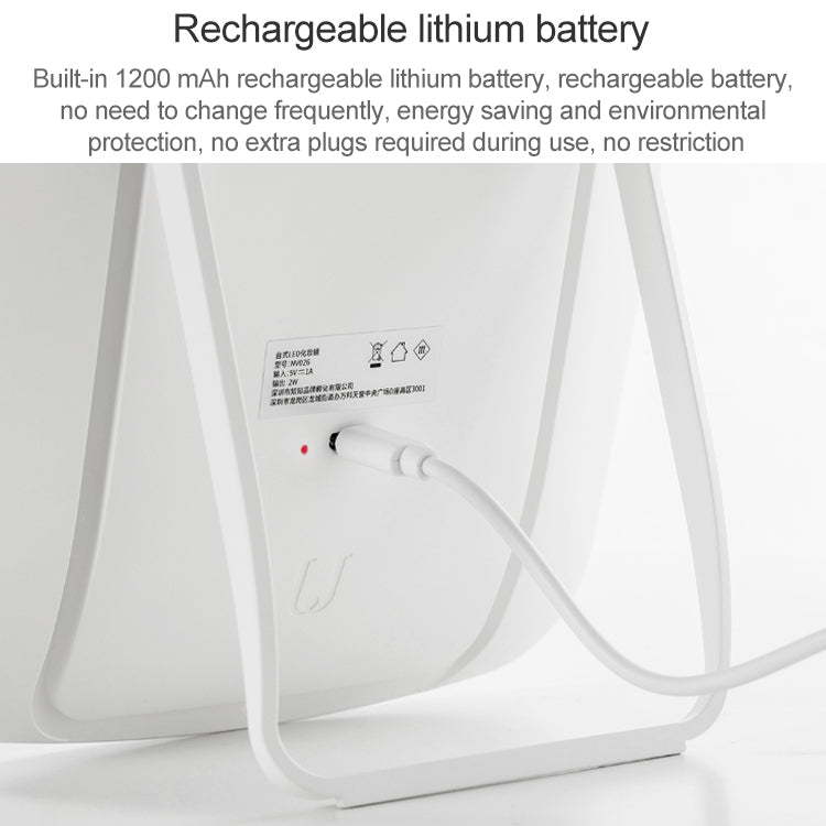 Rechargeable LED makeup mirror with charging cable plugged in on white base