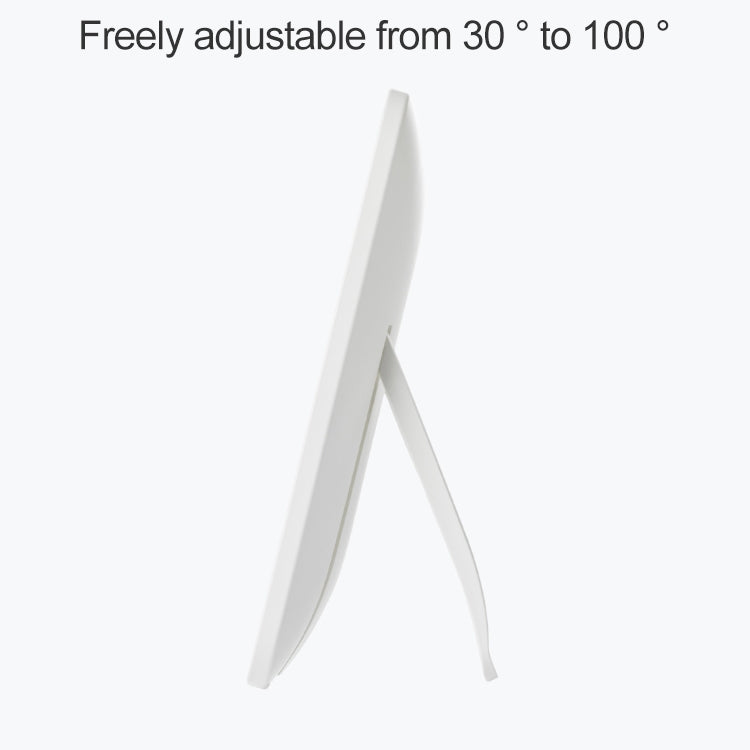 Folding LED makeup mirror stand, side view showing adjustable legs