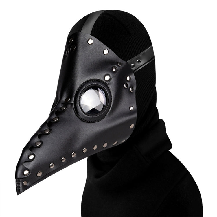 Black riveted beak shape face mask with hood and round eye opening, Halloween costume prop