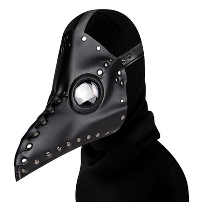Black riveted beak shape face mask with hood and round eye opening, Halloween costume prop