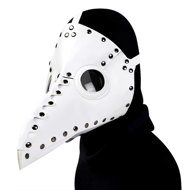White riveted beak face mask with hood and round eye opening, Halloween costume prop