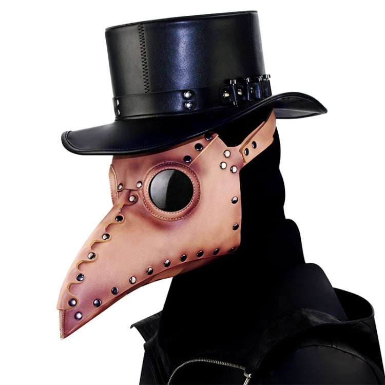 Brown riveted beak face mask with black top hat and round eye opening, Halloween prop