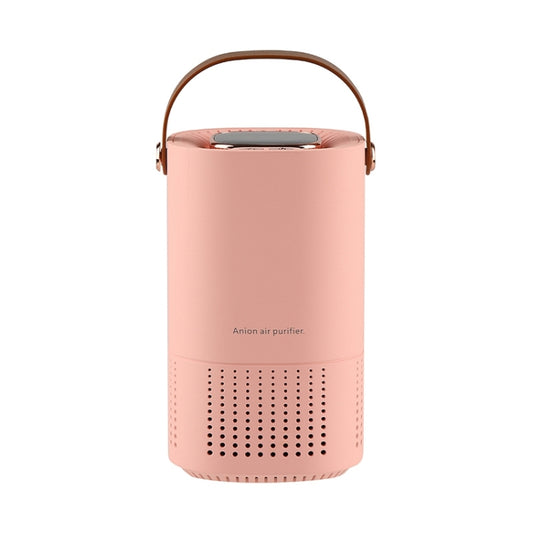 Pink portable air purifier with top display and brown carrying handle