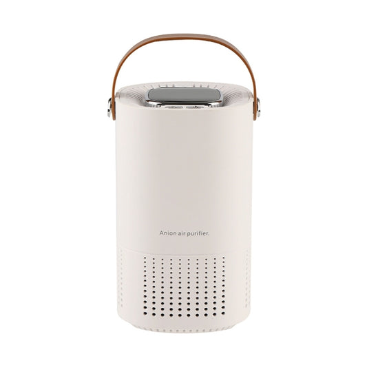 White portable air purifier with top display and brown carrying handle