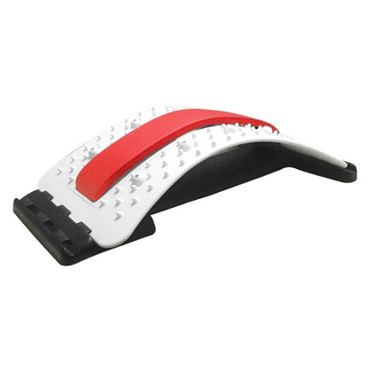 Lumbar traction stretching device with red support bar, white traction pads, black handles.
