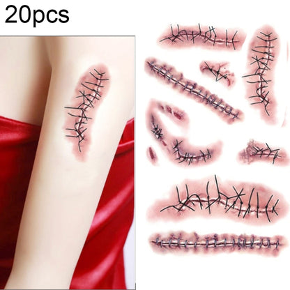 Wound scar temporary tattoo stickers with black stitched wounds on arm