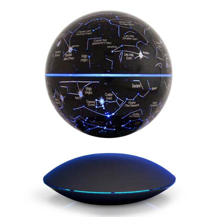 Magnetic levitation illuminating globe with starry blue star map and black saucer base