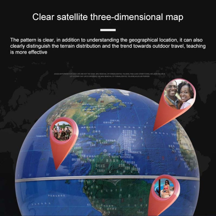 Illuminating magnetic levitation globe with world map and orange location pins