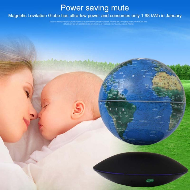 Illuminating magnetic levitation globe with blue world map and black saucer base