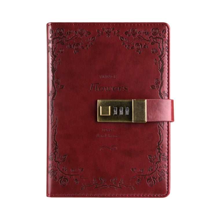 Wine red PU cover diary notebook with vintage floral frame and brass combination password lock
