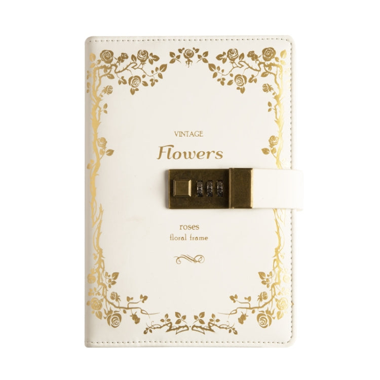 White PU cover notebook diary with vintage floral border and combination password lock