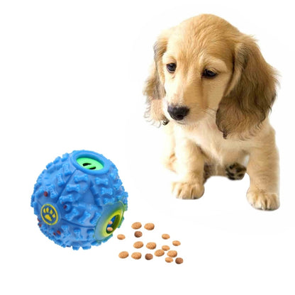 Blue squeaky dog chew ball with bumpy texture, green and yellow squeaker holes