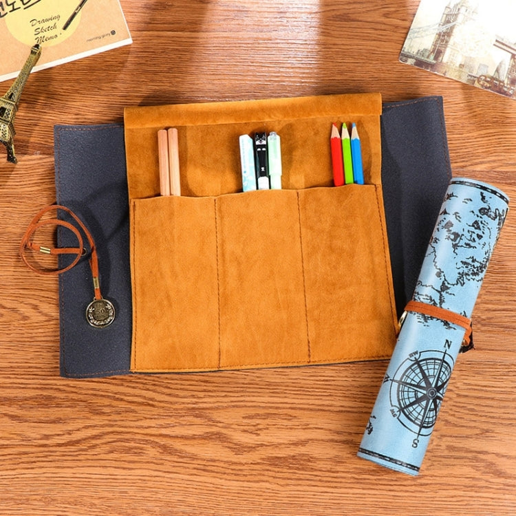 Tan fabric stationery pencil bag with open compartments and colored pens inside