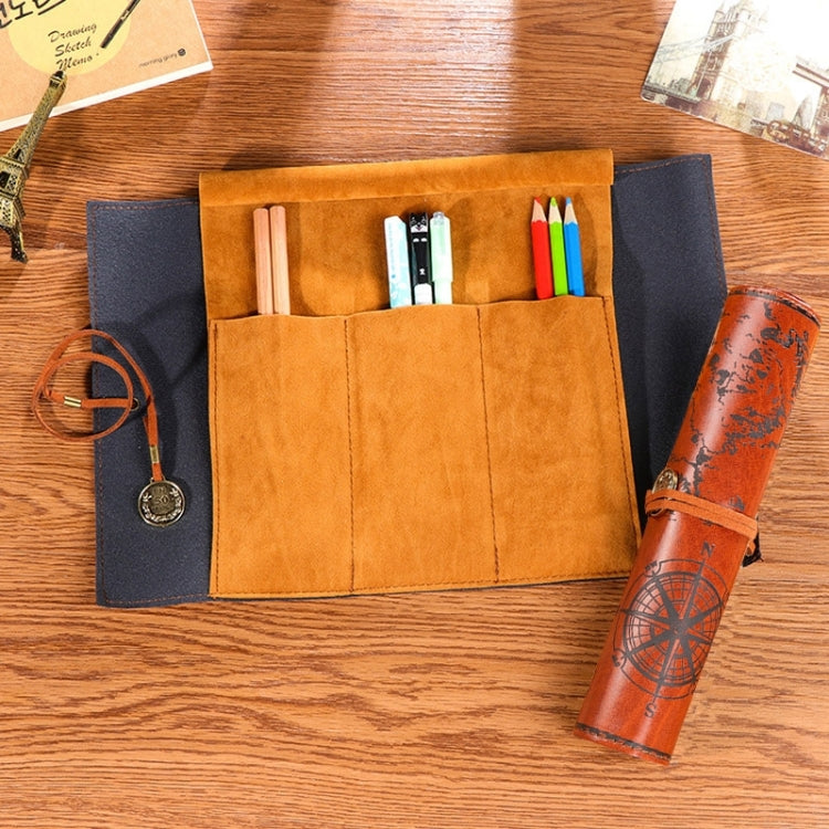 Suede-style pencil bag open with tan slots and blue side pouch; holds color pens and orange roll.