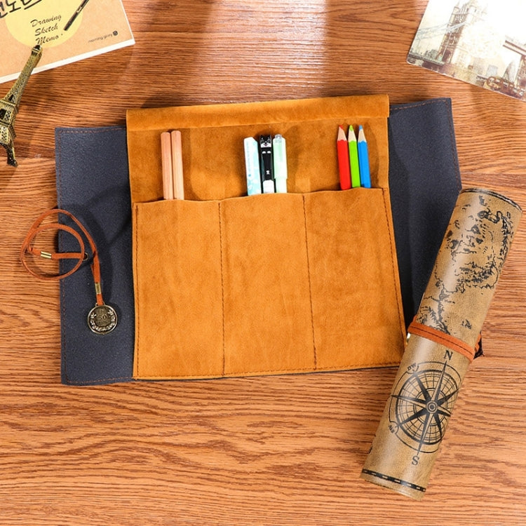 Suede-style pencil bag open with tan slots and blue side pouch; holds pens and brown map roll.