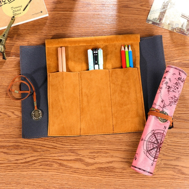 Suede-style pencil bag open with tan slots and blue side pouch; holds pens and pink map roll.