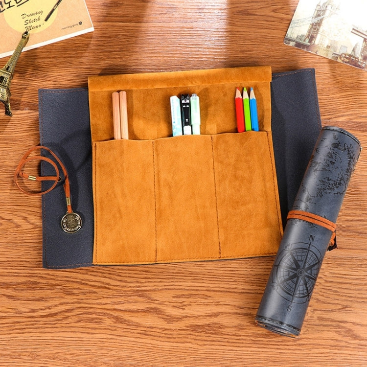 Suede-style pencil bag open with tan slots and blue side pouch; holds pens and dark gray map roll.