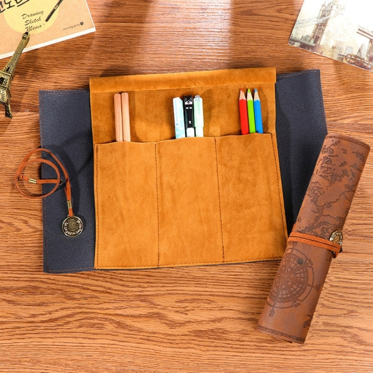 Suede-style pencil bag open with tan slots and blue side pouch; holds pens and brown map roll with orange trim.