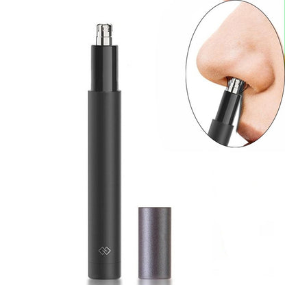 Portable black electric nose hair trimmer with metal cutting head and cap