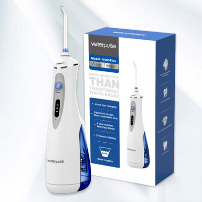 Rechargeable cordless oral irrigator with white handle and blue power button