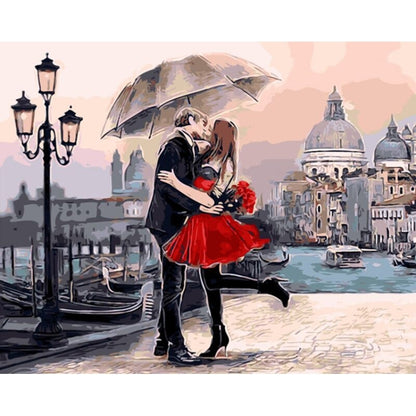 Paint-by-numbers oil painting of a couple kissing under an umbrella, red outfit.
