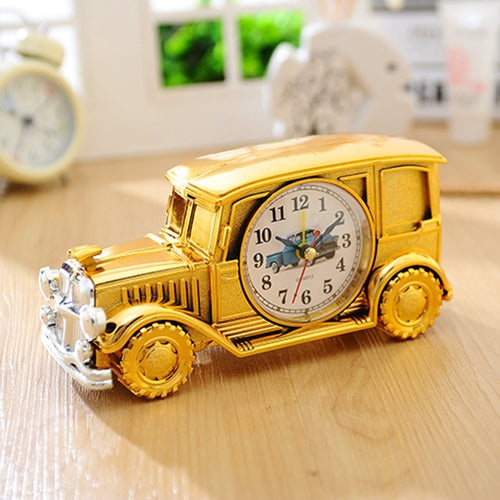 Vintage car model alarm clock, gold car body with round analog dial