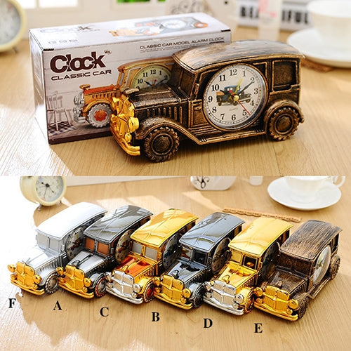 Vintage car model alarm clock set in box, with multiple car clocks displayed