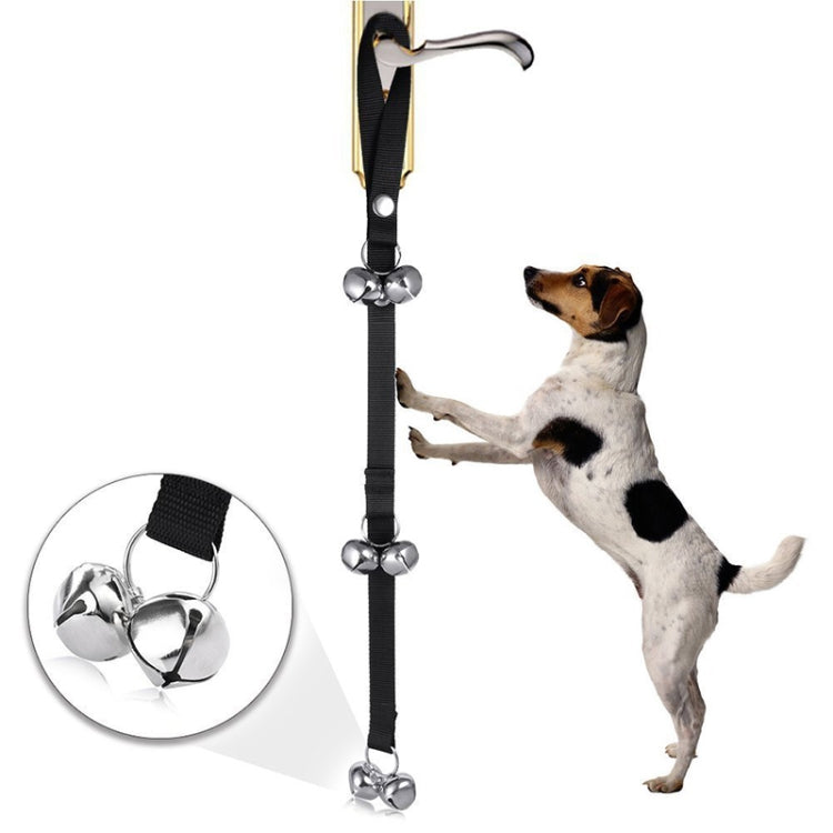 Black nylon dog training bell leash with 7 silver jingle bells and adjustable strap