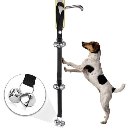 Black nylon dog training bell leash with 7 silver jingle bells and adjustable strap