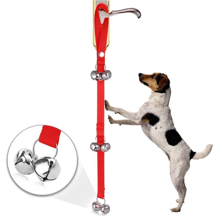 Red nylon dog training bell leash with 7 silver jingle bells and adjustable strap