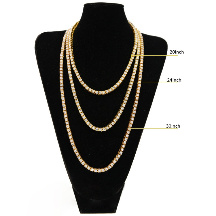 Gold crystal chain necklace on bust with layered lengths marked 20, 24, 30 in