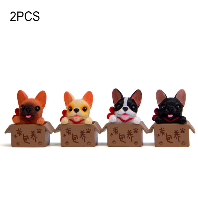 Bulldog doll ornaments in small brown boxes, four styles with red collars