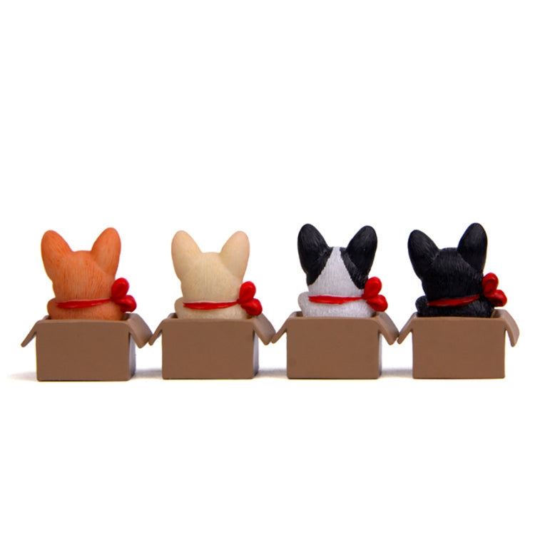 Bulldog doll ornaments in brown boxes, four side views with red collars