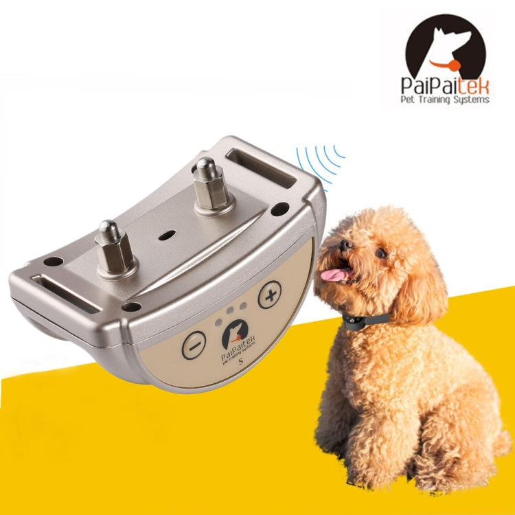 Silver anti-bark dog training collar receiver, shown with small dog