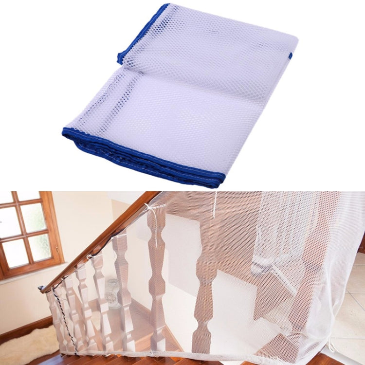 Balcony stair safety net, white mesh with blue border, folded