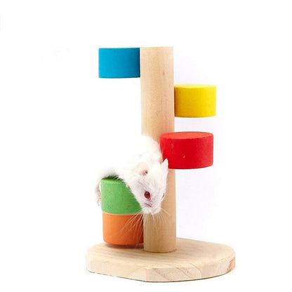Pet wooden step ladder toy with colorful cylinder steps and round base, with white hamster