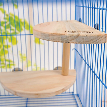 Two-tier wooden hamster footplate springboard with two round platforms in a pet cage