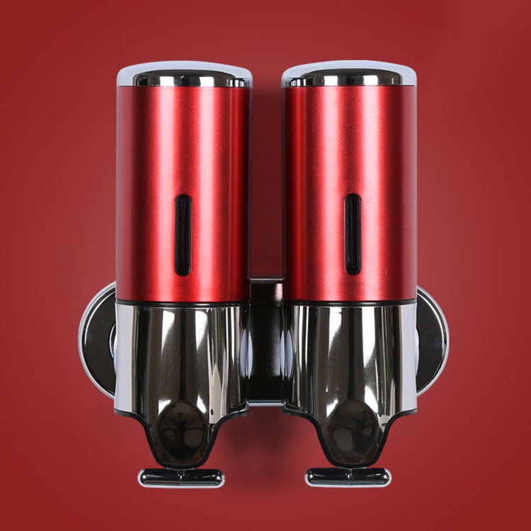 Dual wall-mounted manual soap dispenser, dark red twin bottles with chrome base