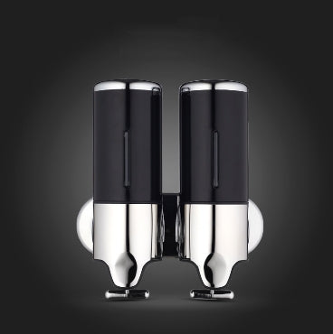Dual wall-mounted manual soap dispenser, black and chrome twin bottles