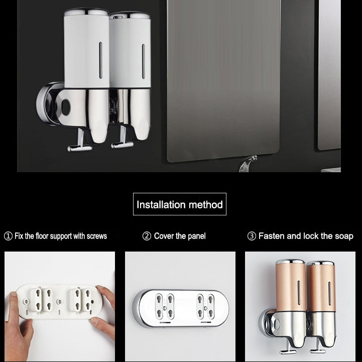 Dual wall-mounted manual soap dispenser, silver twin bottles with chrome base