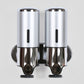 Dual wall-mounted liquid soap dispenser, silver top cylinders and shiny chrome twin nozzles