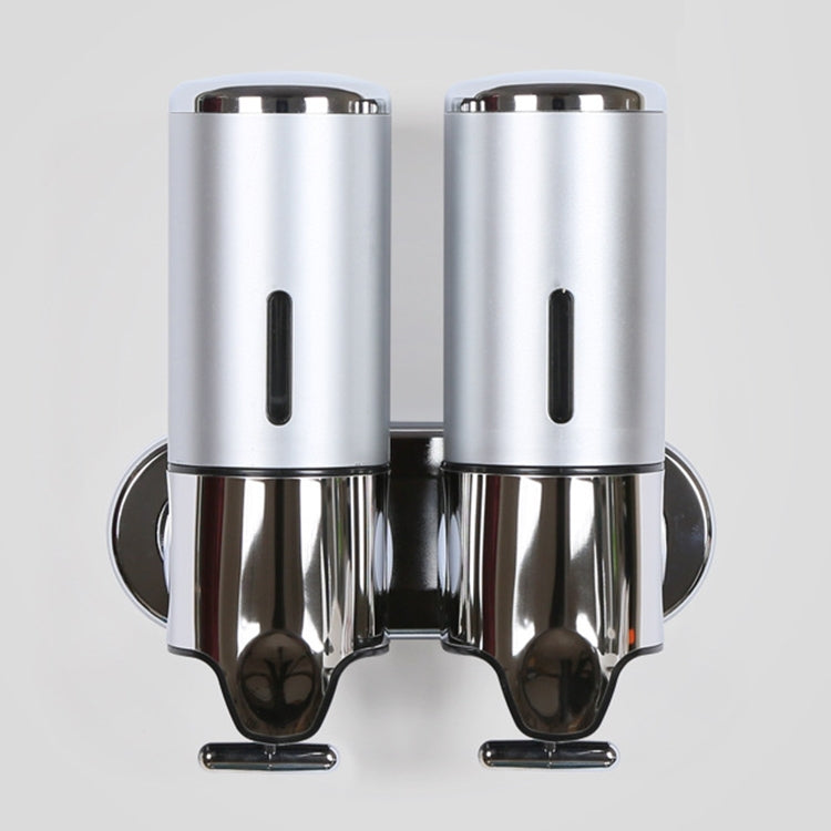 Dual wall-mounted liquid soap dispenser, silver top cylinders and shiny chrome twin nozzles