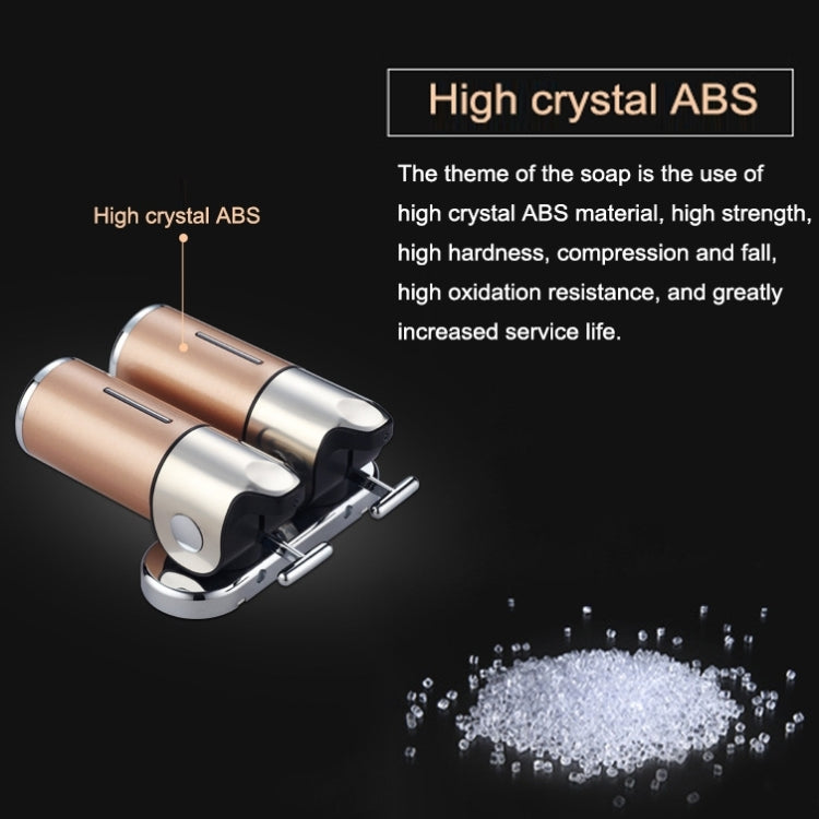 Dual wall-mounted manual soap dispenser, rose-gold cylinders with chrome mounting frame