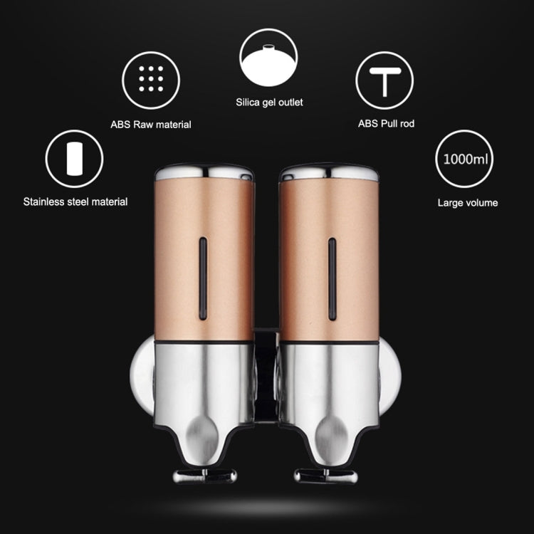 Dual wall-mounted liquid soap dispenser, rose-gold cylinders with chrome base and two spouts
