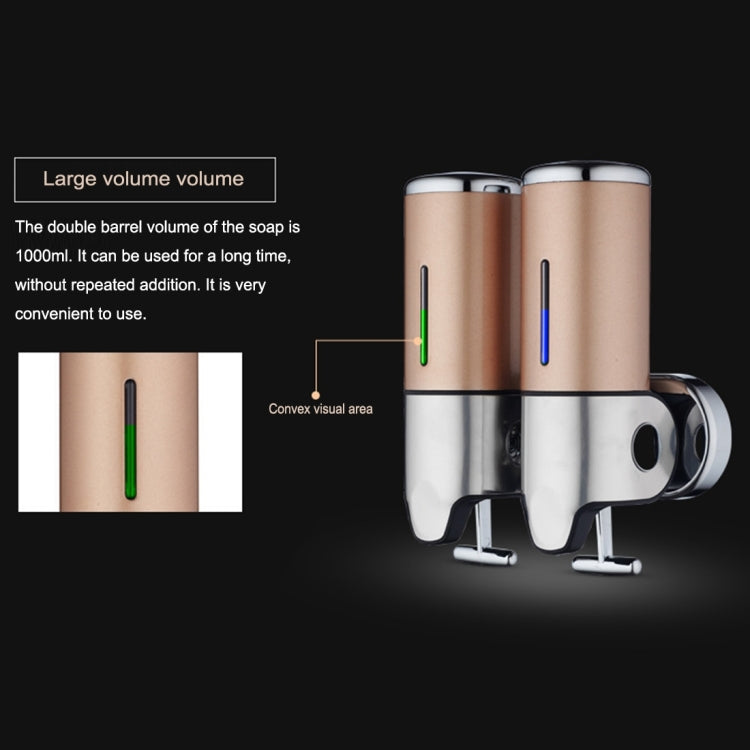 Dual wall-mounted soap dispenser, rose-gold cylinders with chrome frame and colored level lights