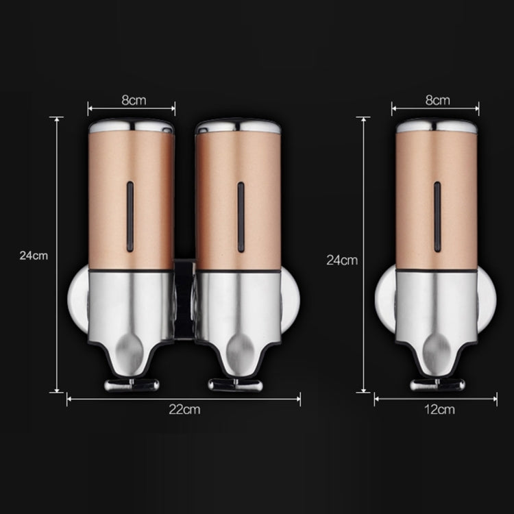 Dual wall-mounted manual soap dispenser, rose-gold cylinders and chrome base with size markers
