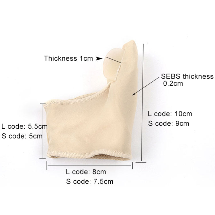 Beige orthopedic big toe sleeve with split toe design, shown with size markings