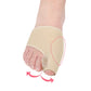 Beige bunion relief toe sleeve on foot with toe separator and curved ring pad